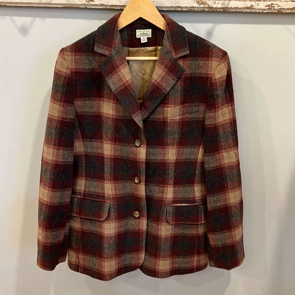 L.L. Bean Vintage Cashmere Wool Blend Plaid Blazer Size 10